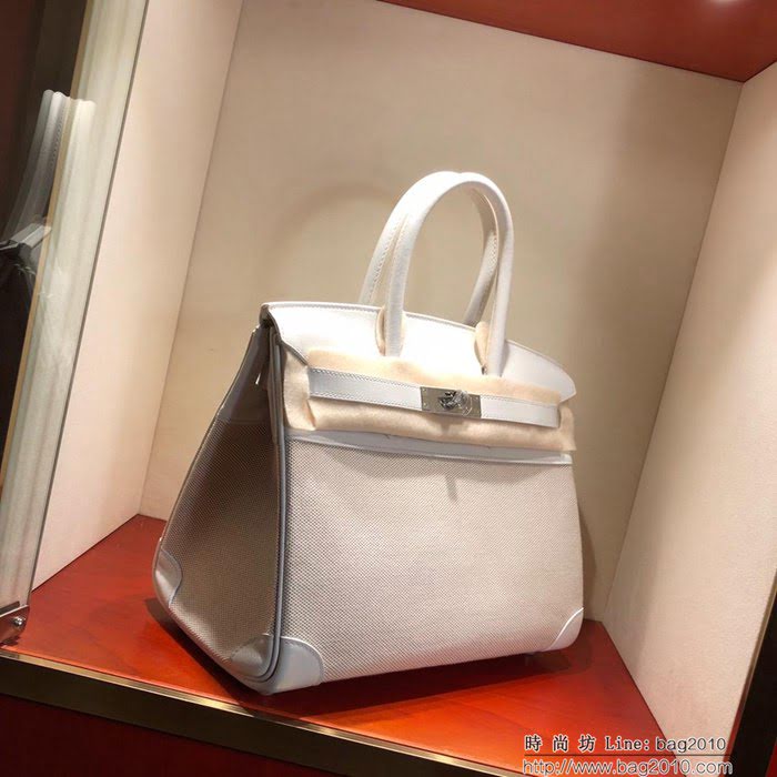 HERMES愛馬仕 鉑金包 Birkin30Cm Swift拼帆布 01 Blanc 純白 銀扣 頂級工藝 手縫蠟線 無敵限量版 古董包  Ama1606